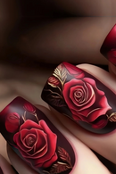 Close-up of nails with red rose design on a dark background, Obroi
