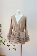 Women Autumn Knitted Cardigans With Belt Real Fox Fur Fur Striped Coat Outwear Female Luxury Sweater