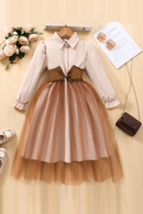 White blouse with brown bow and tulle skirt on a wooden surface with flowers and a card, Obroi