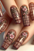 Nails with floral and grid design in brown and pink tones, Obroi
