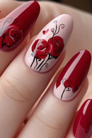 Nails with red and white floral designs on a light background, Obroi