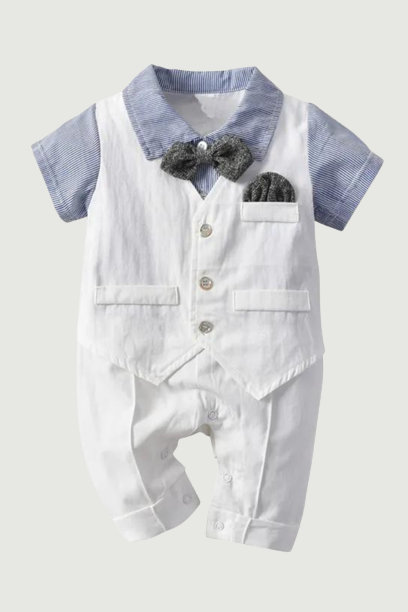 Newborn Boys Clothes Baptism 0 to 3 Months White Romper Jumpsuit Organic Short Sleeve Gentleman Clothing Summer Outfits