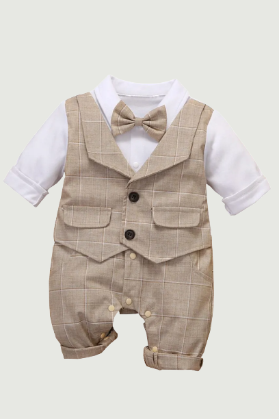 Newborn Formal Anniversary Dress Boy Vest Romper Infant Plaid Outfit Clothing Set Toddler Child Cotton Party Suit 3-24 M