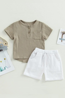 Toddler Infant Baby Boy Girl Summer Clothes Solid Cotton Linen Short Sleeve Button Up T-Shirt Elastic Shorts Set 2Pcs Outfits