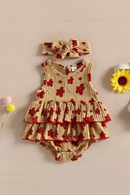 Summer Newborn Baby Girls Clothes Cotton Linen Floral Print Layered Sleeveless O-neck Rompers Jumpsuits Headband Outfits