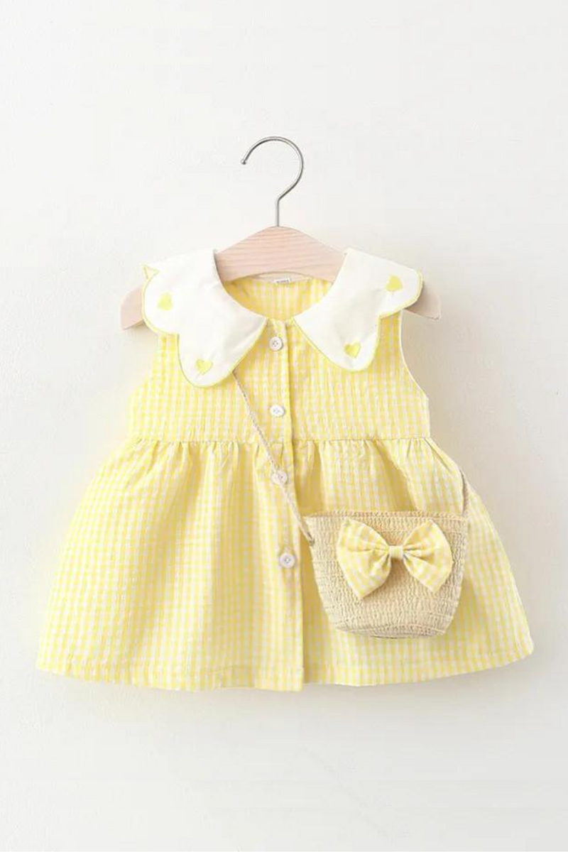 Summer Newborn Dress Doll Collar Cute Princess Beach Flowers Dresses+Bag Little Girls Heart Plaid Clothing