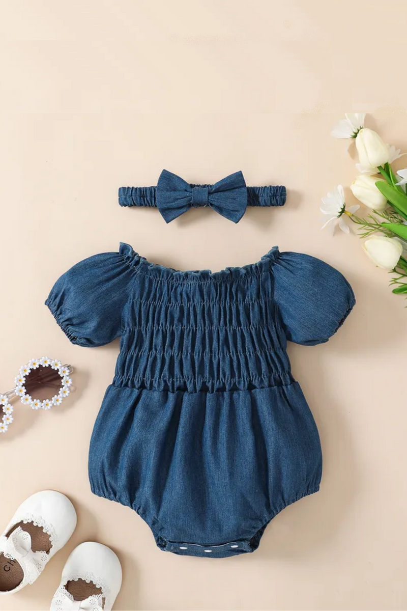 Baby Girl Casual Bodysuit Short Sleeve Off Shoulder Pleated Short Denim Jumpsuit Head Band