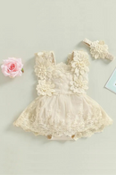 Princess Baby Girls Summer Rompers Dress Flower Elegant Jumpsuits Tulle Dress Headband Outfits