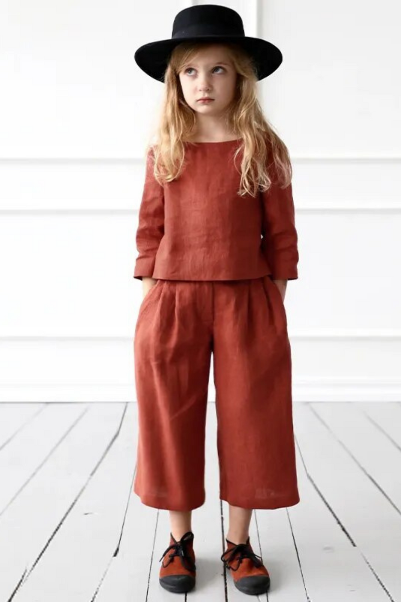 Retro Brick Red Cotton And Linen Girls Suit Spring Summer  Sleeve Tops Straight Pants 2pcs Sets