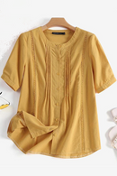 Casual Lace Patchwork Blouse Summer Half Sleeve O-Neck Tops Female Pure Cotton Pleated Design Vintage Tops