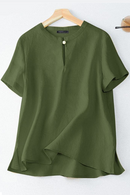 Solid Shirt Female Button Down Loose Tops Summer Short Sleeve Blouse Woman Stylish Pure Cotton O-Neck Shirt