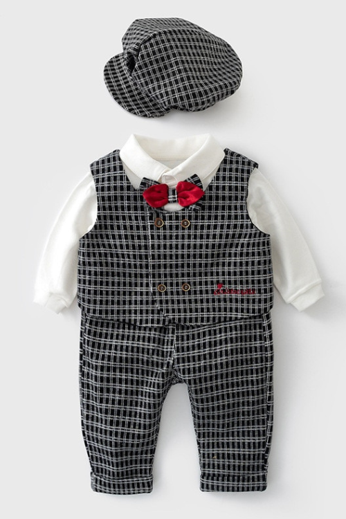 Children Boys Bow Tie Gentleman Outfits Formal Wedding Suits Toddler Long Sleeve  Black Grid Vest Pants Baby Birthday Gifts