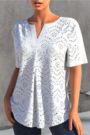 V Neck Women Blouse Embroidery Hollow Short Sleeve Cotton Blend Summer Lady