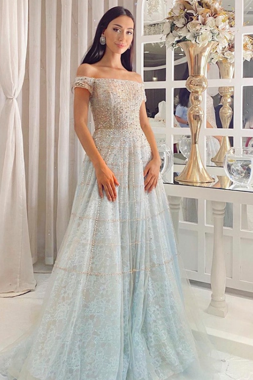 Luxury Dubai Mint Green Evening Dresses Elegant Off Shoulder Lilac Arabic Formal Dress for Women Wedding Party
