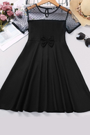 Girls Short Sleeve Contrast Dobby Mesh Bow Front Dress Children Elegant Princess Party Dresses Girls Casual Dresses