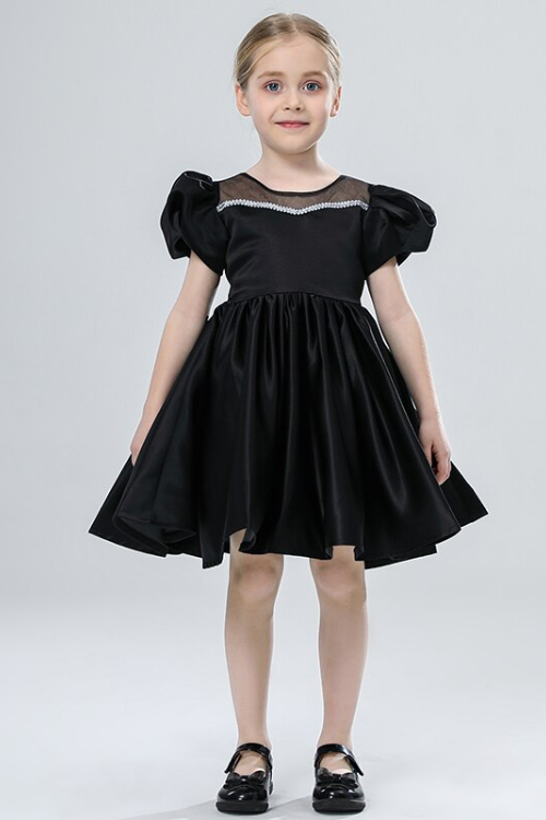 Girls Party Dresses Kids Summer Short Sleeve Satin Beading Ball Gowns Teenagers Birthday Wedding Party Show Dresses