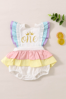 Cute Infant Baby Girl Birthday Romper Ruffle Sleeveless Golden Letter One Crown Jumpsuit Bow Fluffy Skirt