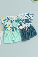 Toddler Infant Boy Summer Clothes Suits Beach Style Tree Sleeve Crew Neck T-Shirts and Elastic Waist Shorts 2Pcs Set