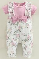 Baby Girls Casual Jumpsuit Bowknot Round Neck Short Sleeve Ribbed Patchwork Jacquard Floral Long Romper Clothes