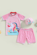 Kids Girls Swimsuit Short Sleeve Cartoon Horse T-shirt with Striped Shorts and Swimming Hat Children Bathing Suit