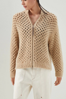 Women Argyle Holllow Out Crochet Knit Sweater Zipper Stand Collar Wool Blend Cardigan Fall Female Long Sleeve Sweater Coat