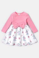 Toddler Girl Elephant Ribbed Splice Bowknot Design Long-sleeve Dress