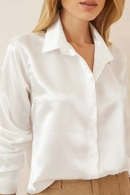Vintage Women Satin Shirt Office Long Sleeve Blouse Spring Turn Down Collar Silk White Tops Elegant