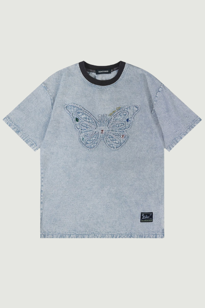 Denim T Shirt Streetwear Embroidery Butterfly T-shirt Men Jeans Tee Shirts Top