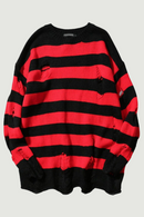 Ripped Stripe Knit Sweaters Men Hip Hop Hole Casual Pullover Sweater Male Loose Long Sleeve Sweaters Red Black