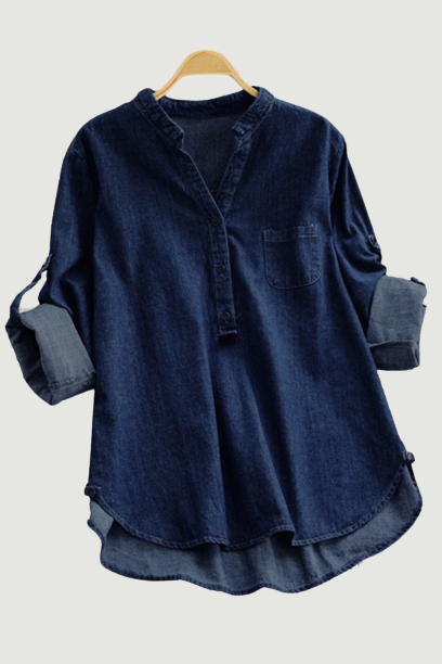 Women's Denim Blue Shirts Autumn Blouse Casual Button V Neck Long Sleeve Tops Jean Tunic