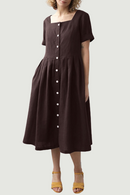 Short Sleeve Dress Women Solid Square Collar Sundress Office Robe Summer Elegant A Line