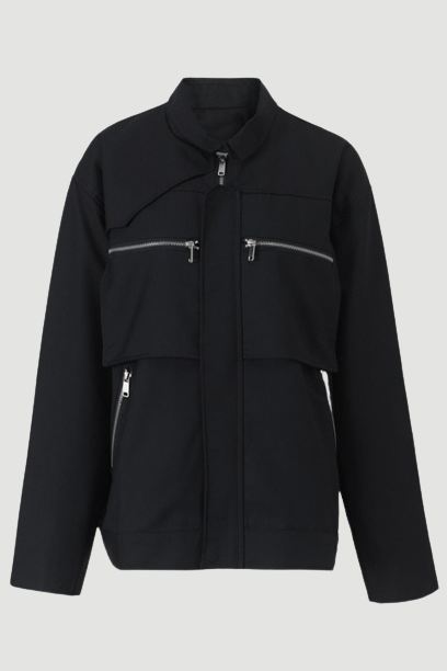 Loose Fit Black Zipper Casual Jacket Lapel Long Sleeve Women Coat Tide Spring Autumn