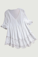 Women Top Solid Thin Casual Lace Hollow Out V Neck Summer Blouse