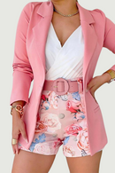 Women Blazer Shorts Set Solid Thin Coat High Waist Flower Short Pants Commute Cardigan Style Lady Outfit