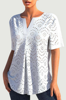V Neck Women Blouse Embroidery Hollow Short Sleeve Cotton Blend Summer Lady