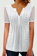 Summer Ladies Shirt Button Half Placket Lace Hollow Out Short Sleeve Solid See-through Women Blouses Top T-shirts