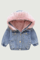Large Fur Collar Girls Denim Jacket For Baby Children Clothes Coat Boys Winter Jackets Kids Lamb Cashmere Hooded Outwear