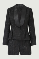 Women Set Suit Long Sleeve Belt Autumn Winter Woolen Shawl Collar Single Button Bow Plaid Shorts