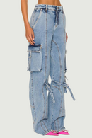 Women Denim Pants Spring Washed Multi Pocket Design Ladies Jeans Loose Casual Long Denim Trousers