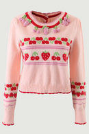 Women Autumn Winter Knit Cardigan Slim Cute O-Neck Strawberry Jacquard Reverse Wear Long Sleeve Sweater Female