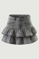 Denim Mini Skirt Women's Autumn Vintage Cute Sexy Girl Kawaii Slim High Waist Layered Ruffle Short Skirt Female
