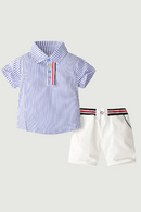 Children gentleman summer clothes striped short sleeve tops + white shorts 2 pcs clothing sets for kids baby boys party suits