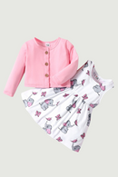 Baby Girl Clothing Set Pink Long-sleeve Cardigan with Cartoon Elephant and Butterfly Sleeveless Dress Set