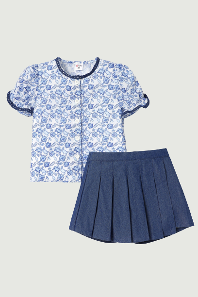 Toddler Girl Floral Puff-sleeve Tee and Pleated Denim Skirt Set