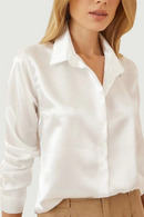 Vintage Women Satin Shirt Office Long Sleeve Blouse Spring Turn Down Collar Silk White Tops Elegant