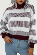 Vintage Pullover Women Striped Sweater Autumn and Winter Turtleneck Sweater Knitted Jumper Lantern Long Sleeve Casual Top