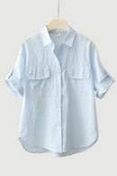 Summer Short Sleeve Cotton Shirt Women Casual Tops Solid Loose Fashion Blouse Elegant Pocket Office Lady Shirts Clothing