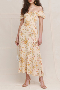 Sexy Off Shoulder Dress Summer Women Party Elegant Vintage Beach Dress Ruffle Short Sleeve Ruffle Hem Floral Chiffon Midi Dress