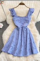 Women Hollow Out Short Dress Summer Ruffles Vintage Square Collar A Line Dresses Ladies High Waisted Beach Dress