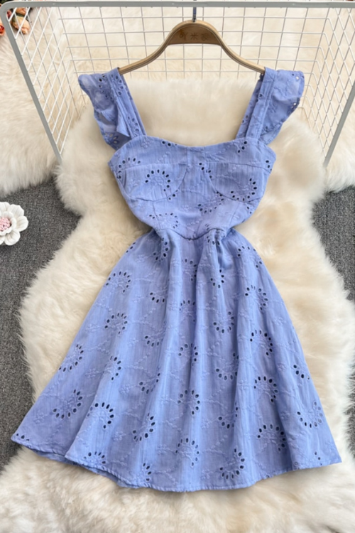 Women Hollow Out Short Dress Summer Ruffles Vintage Square Collar A Line Dresses Ladies High Waisted Beach Dress